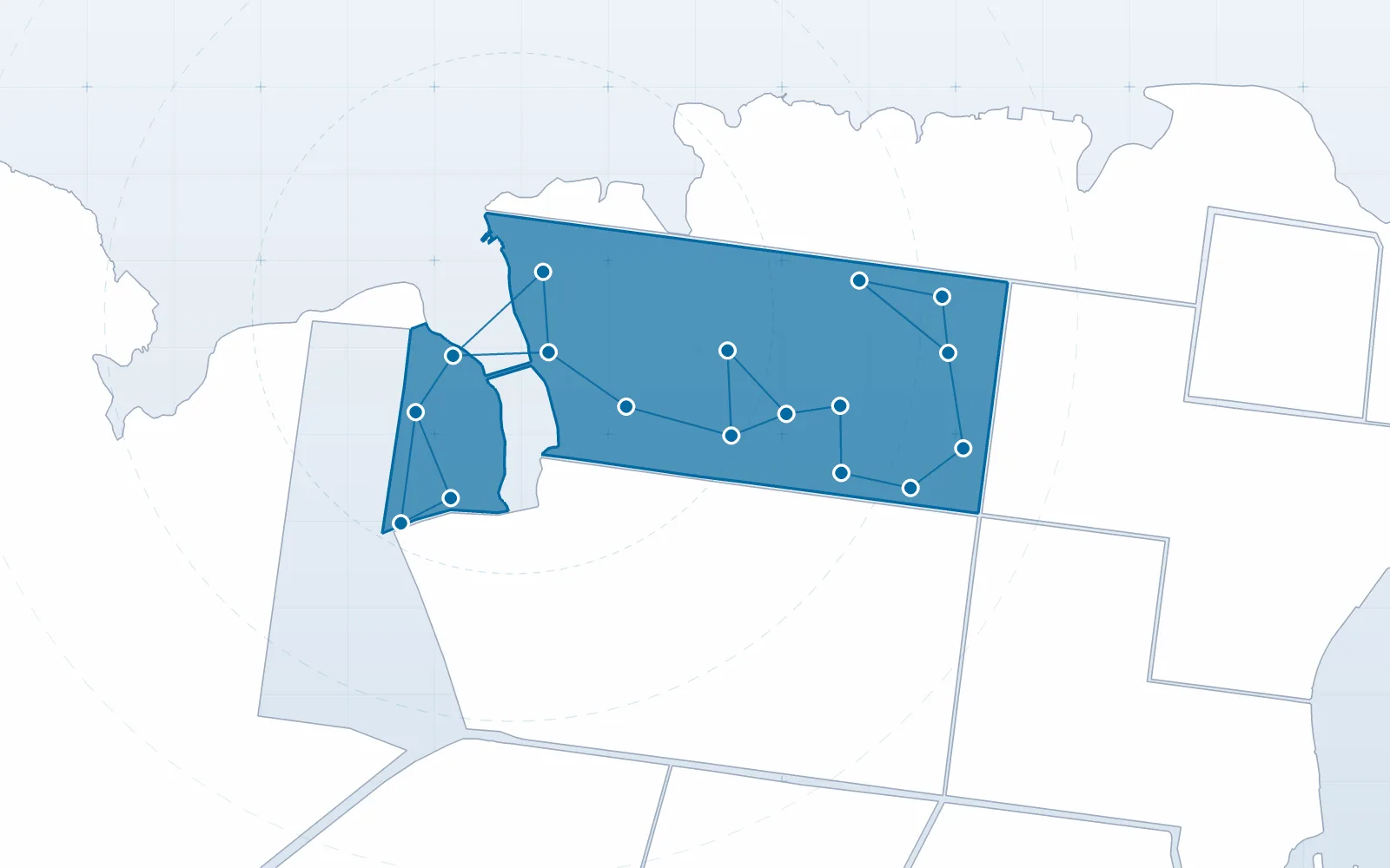 Composición cartográfica ilustrativa con los límites de la delegación Villa Cabello y de las delegaciones vecinas de Posadas, y nodos abstractos. No representa resultados.